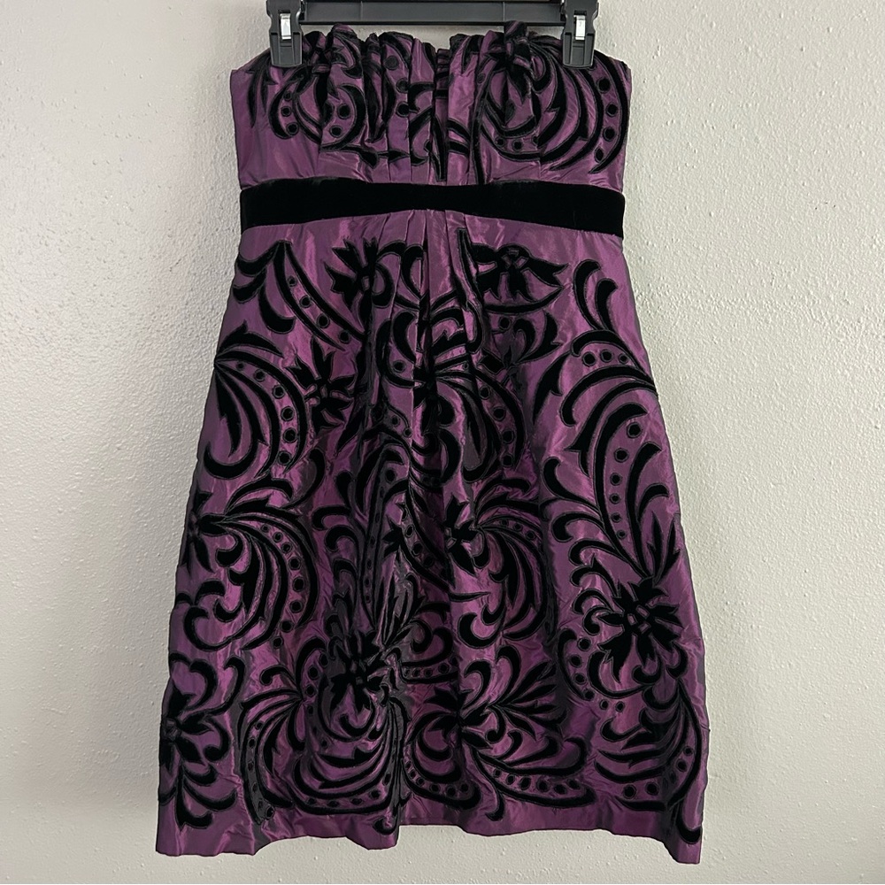 Badgley Mischka Silk Purple Taffeta Black Velvet Strapless Dress Sz 6 Whimsigoth